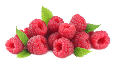 ripe raspberries with green leaf isolated on white background macro