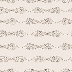 Seamless watercolor abstract background with beautiful beige, brown feathers drawings, branches of wild plants, lavender,dry flower, algae. Vintage illustrtion with an abstract  brown paint glue. 