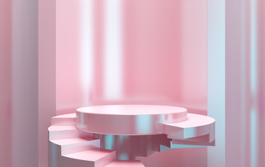 Scene with geometrical forms, round and square platform, minimal background, 3D rendering