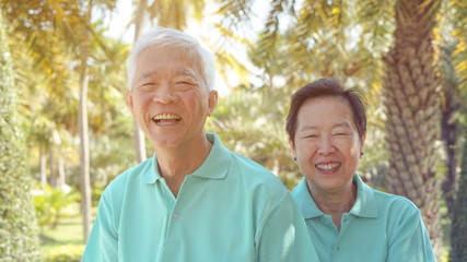 Happy Asian elderly couple laugh together in green natural park background