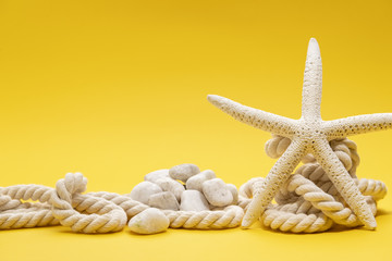 Fototapeta na wymiar Starfish, stones and rope on a plain yellow background
