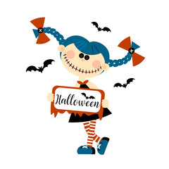 Halloween monster doll.The eyes are buttons. Inscription. Invitation holiday card. Flat style. Vector