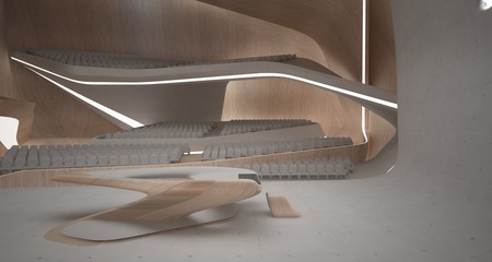 Conceptual abstract design of the interior of the concert hall and grand piano in a modern style. 3D illustration and rendering.