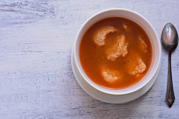 Bowl of delicious homemade fresh tomato soup whit noodles/ Vegetarian diet food