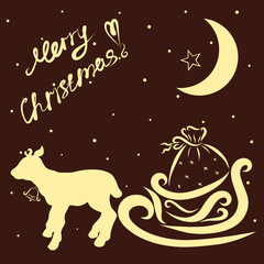A small reindeer with sledge of Santa Slaus, dark background, snow and moon