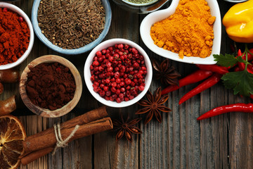 Spices and herbs on table. Food and cuisine ingredients.