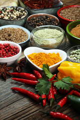 Spices and herbs on table. Food and cuisine ingredients.