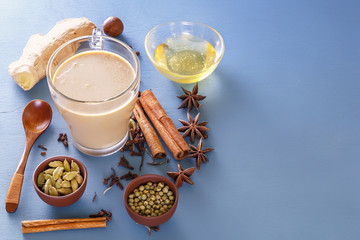 Tea masala on milk with spices ingredients - cinnamon, cardamom, ginger, cloves, tubby, sweet pepper, honey. Copy space