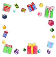 Christmas frame with gift boxes and Christmas balls