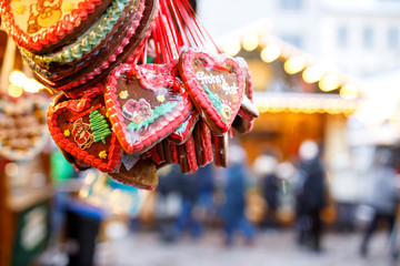 Gingerbread Hearts at German Christmas Market. Nuremberg, Munich, Berlin, Hamburg xmas market in...