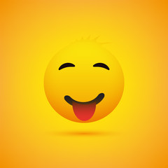 Smiling Emoji Face With Tongue - Simple Happy Emoticon on Yellow Background - Vector Design Illustration