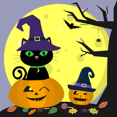 Happy Halloween. A black cat in a witch hat sits in a pumpkin. Nearby pumpkin, tree and spider. Full moon at night, bats, leaves and sweets.