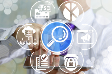Man using tablet pc offers a magnifying glass icon on a virtual interface. Data Analyzing Business Technology concept.  Structuring Binary Information Search and Analytics.