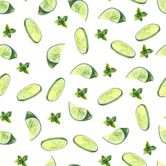 Watercolor pattern of lime and mint leaves on white background