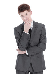 Pensive man props head with hand, isolated on white