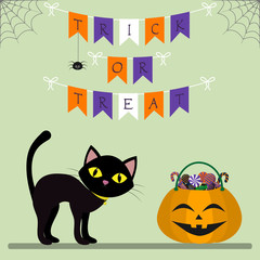 Happy Halloween. A black cat stands next to a pumpkin with sweets. Decoration of their flags, spider and cobwebs. Autumn holiday.