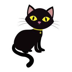 A black cat with yellow eyes, sits sideways. On a neck of a medallion in the form of a star on a yellow ribbon, isolated on a white background.