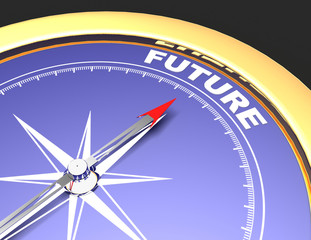 Abstract compass with needle pointing the word future. future concept