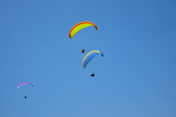 Skydivers on a blue sky background.