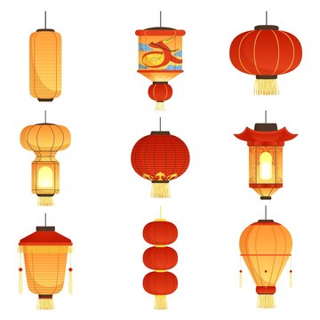 Chinese festival lanterns. China street asian chinatown wedding paper lanterns vector cartoon symbols isolated. Lamp and lantern, festival oriental light illustration
