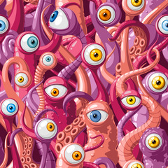Бесшовный векторный узор из мультяшных глаз и щупалец монстров с розовой кожей, голубыми и желтыми глазами. Векторная иллюстрация.
