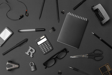 Concept back to school watch chalk line cookies stationery on black background.