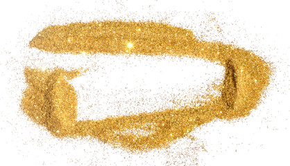 Abstract frame of golden glitter sparkle on white. Textured background with border for your design