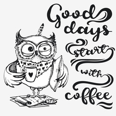 Hand drawn owl with cup of coffee.