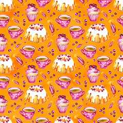Seamless pattern of a cake, cupcake and cranberry. Picture of a dessert.Watercolor hand drawn illustration.White background.