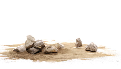 Rocks in sand pile isolated on white background and texture © dule964