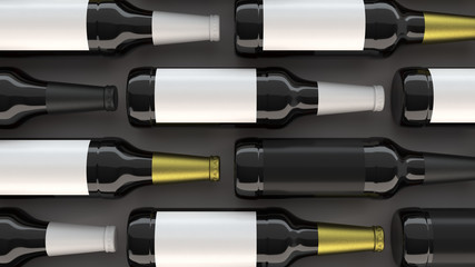 Rows of tall beer bottles with blank labels