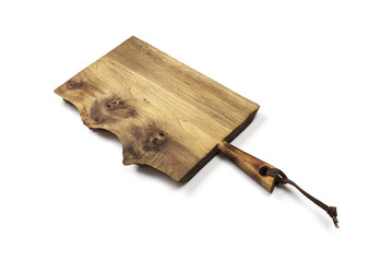 Fototapeta premium Surface of the old wooden planks kitchen board with leather strap