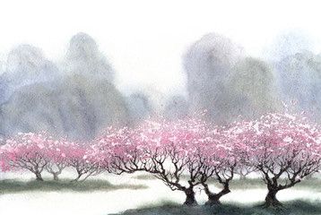 Naklejka premium Watercolor landscape. Flowering trees near the river