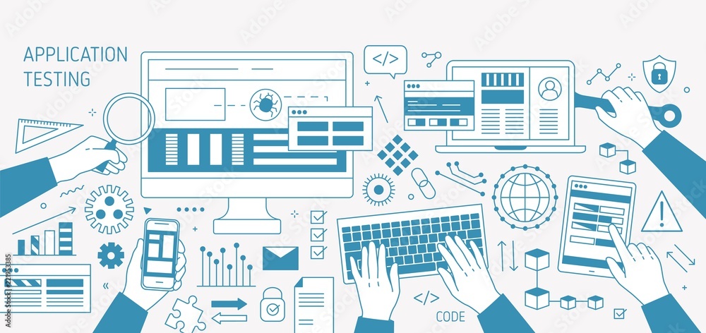 Aufkleber Horizontal banner with hands and various electronic devices drawn with contour lines on white background. Software, program or application testing. Monochrome vector illustration in linear style.