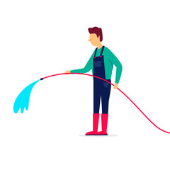 Man is holding a hose, watering the garden. Flat