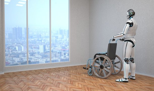 Roboter als Pfleger mit einem Rollstuhl