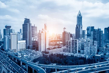 Fototapete city highway overpass panoramic with shanghai skyline, modern traffic background © 安琦 王