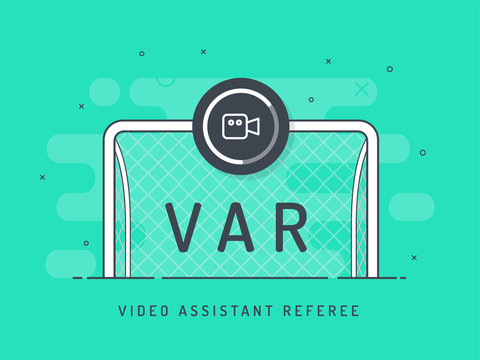 Soccer / football VAR System and replay kick on the gate. Video Assistant Referee. Trendy flat vector on green background.