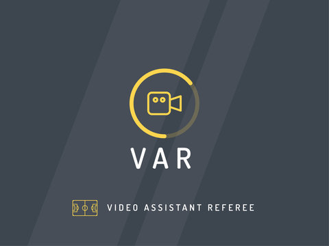 Video Assistant Referee. Soccer / football VAR System on the TV screen. Trendy flat vector on dark background.