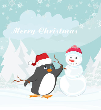 Merry Christmas card with penguin and a snowman