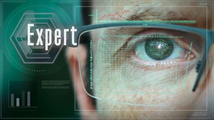 A close up of a businessman eye controlling a futuristic computer system with an Expert concept.