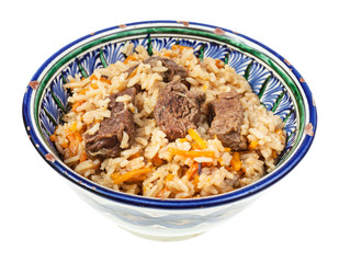 above view of pilaf in traditional ceramic bowl