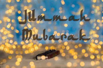 Jummah Mubarak! - Blessed Friday! Quran and praying beads. Closeup - obrazy, fototapety, plakaty