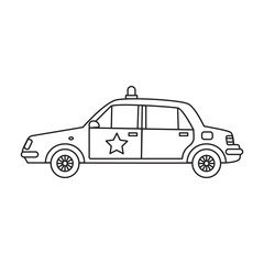 Police car with flashing lights and sherif’s star in the line art style