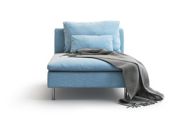 Modern blue textile chaise longue with pillows and plaid. 3d render