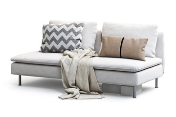 Modern white textile sofa with pillows and plaid. 3d render