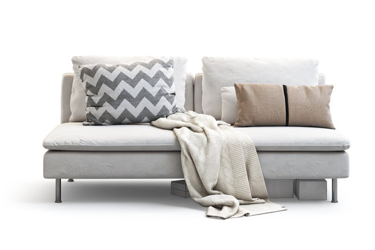 Modern white textile sofa with pillows and plaid. 3d render