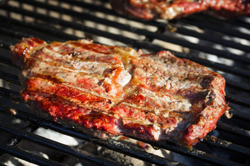 Beef steaks on charcoal grill