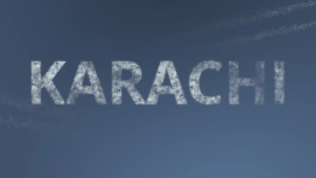 Flying airplanes reveal Karachi caption. Traveling to Pakistan conceptual intro animation