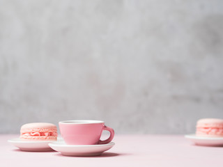 Still life with french delicious dessert macaroons and cup of coffee with copy space